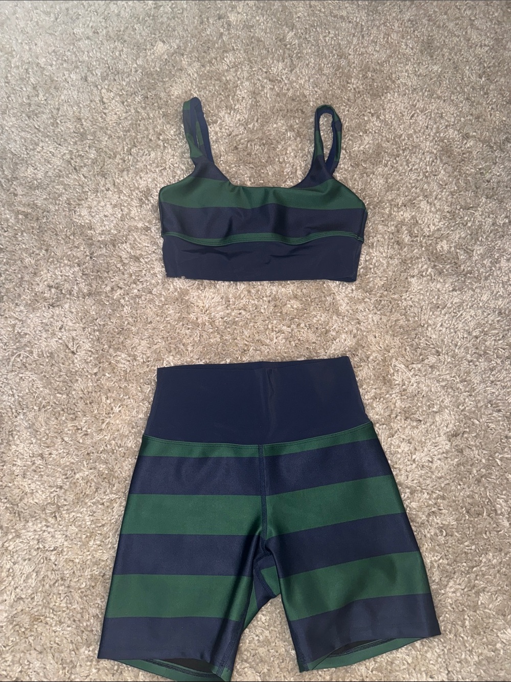 Beach Riot Navy and Green Striped Sports Bra & Bike Shorts Set